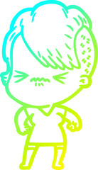 cold gradient line drawing cartoon annoyed hipster girl