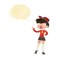 cartoon skater girl giving thumbs up symbol with thought bubble