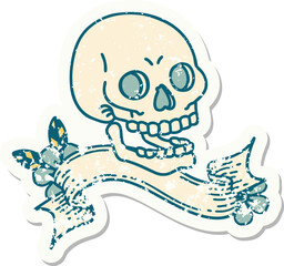 grunge sticker with banner of a skull