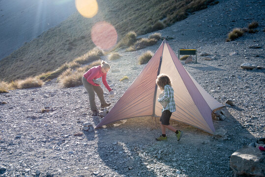 Setting up camp, Craigieburn Range, New Zealand.
