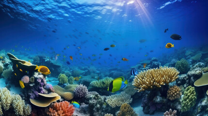 Naklejka na ściany i meble Underwater coral reef landscape super wide banner background in deep blue ocean. Illustration AI Generative