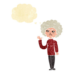 cartoon annoyed old woman waving with thought bubble