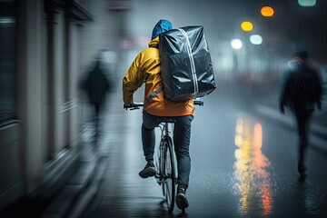Delivery man on the bicycle on a rainy day riding trough the city. Created with generative ai