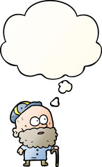 cartoon old man with walking stick and thought bubble in smooth gradient style