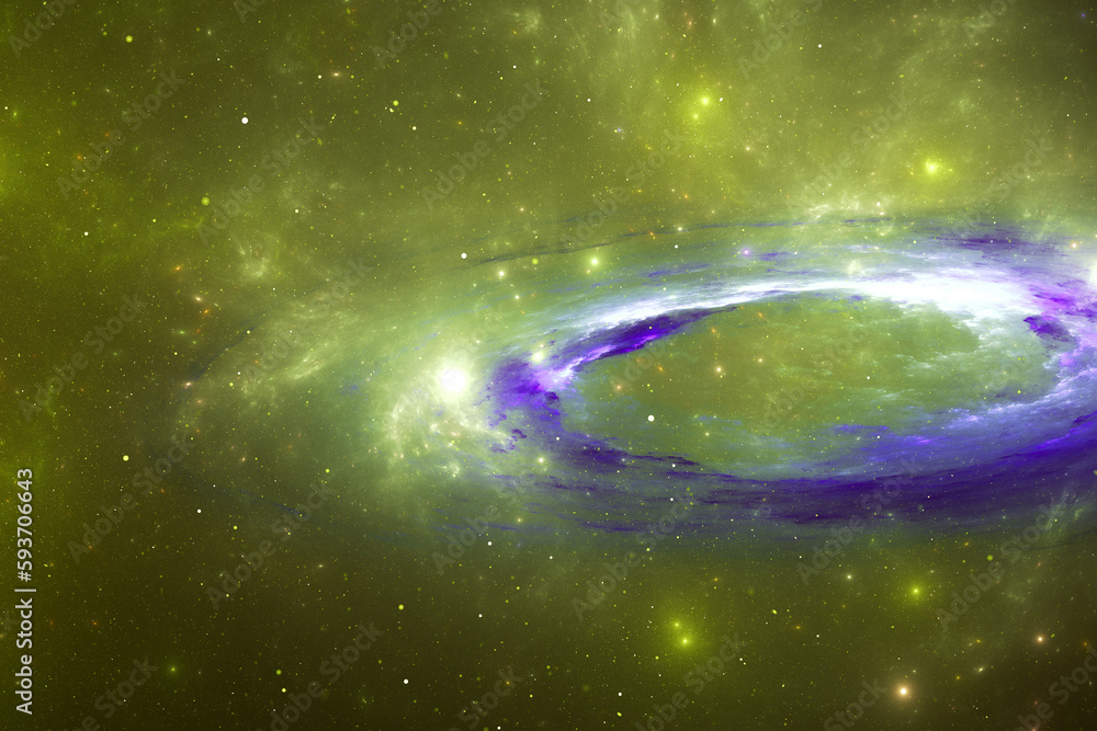Sticker green purple stardust clouds with disk in black space. abstract fractal 3d rendering