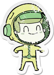 distressed sticker of a happy cartoon astronaut
