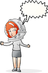 cartoon woman wearing astronaut helmet with speech bubble