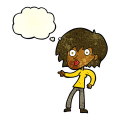 cartoon surprised woman pointing with thought bubble