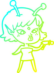 cold gradient line drawing pretty cartoon alien girl