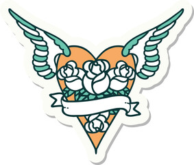 tattoo style sticker of a flying heart with flowers and banner