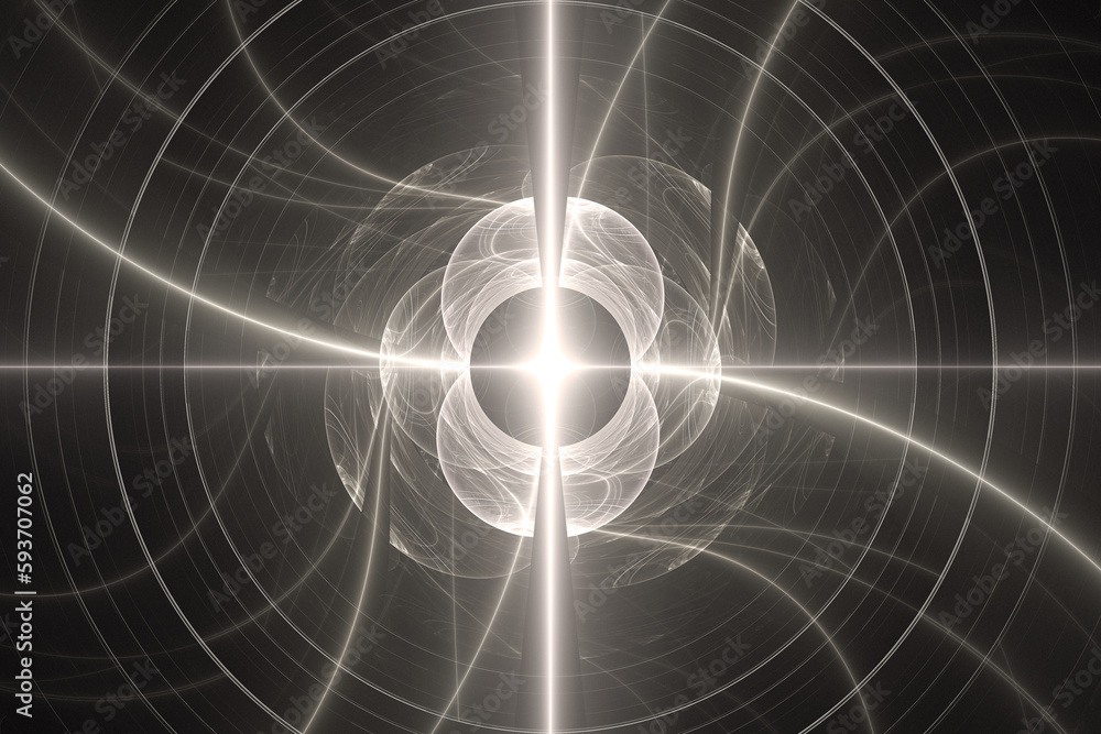 Aufkleber white glowing pattern of crooked waves and rays on a black background. abstract fractal 3d rendering