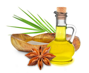 anise essential oil in bottle and bowl isolated on white