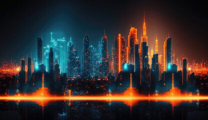 Blue and orange color Neon mega city capital towers with futuristic technology background future modern building virtual reality digital design digital technology scene with Generative Ai.