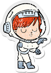 distressed sticker of a cartoon astronaut woman