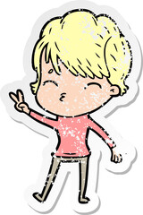 distressed sticker of a cartoon woman thinking