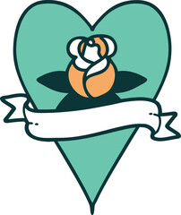 tattoo style icon of a heart rose and banner