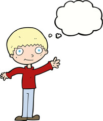 cartoon happy waving boy with thought bubble