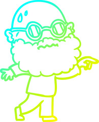 cold gradient line drawing cartoon worried man with beard and spectacles pointing finger
