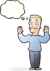 cartoon man surrendering with thought bubble