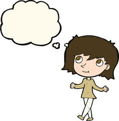 cartoon girl with no worries with thought bubble