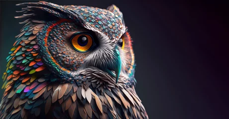 Keuken spatwand met foto Abstract animal Owl portrait with colorful double exposure paint with Generative AI. © TANATPON