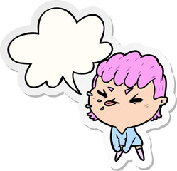 cute cartoon rude girl and speech bubble sticker