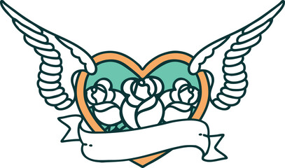 tattoo style icon of a flying heart with flowers and banner