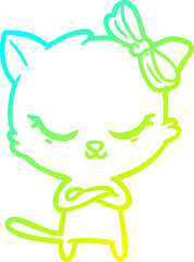 cold gradient line drawing cute cartoon cat with bow