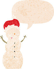 cartoon christmas snowman and speech bubble in retro textured style