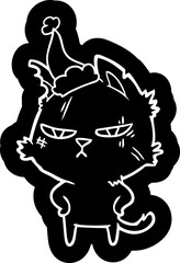 tough cartoon icon of a cat wearing santa hat