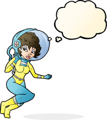 cartoon space woman with thought bubble