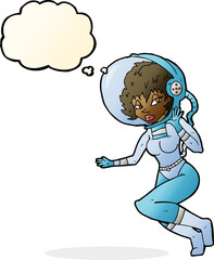 cartoon space woman with thought bubble