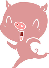 happy flat color style cartoon pig running