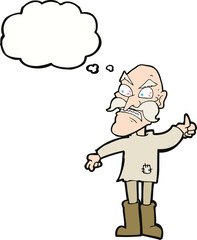 cartoon angry old man in patched clothing with thought bubble