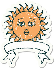 grunge sticker with banner of a sun with face