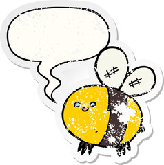 cartoon bee and speech bubble distressed sticker