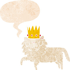 cartoon cat wearing crown and speech bubble in retro textured style