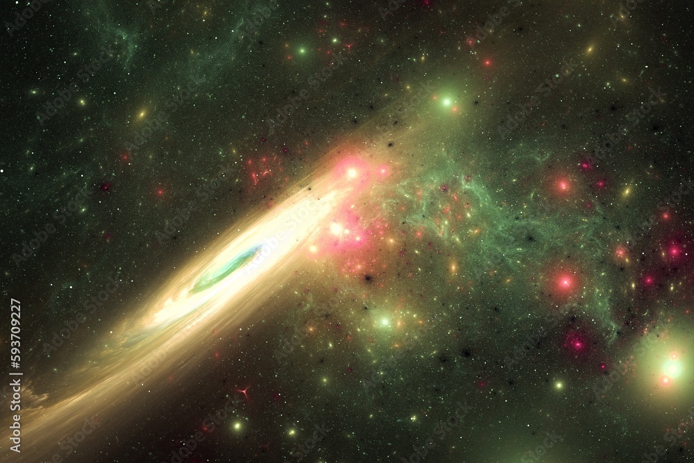 Poster green red stardust clouds with yellow disk in black space. abstract fractal 3d rendering
