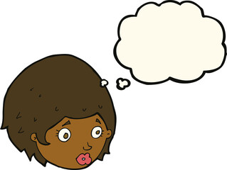 cartoon girl with concerned expression with thought bubble