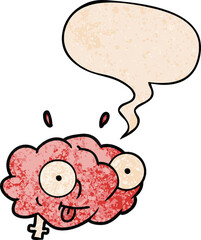 funny cartoon brain and speech bubble in retro texture style
