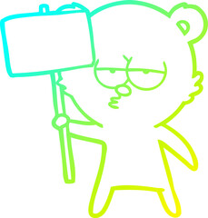 cold gradient line drawing bored polar bear cartoon with sign