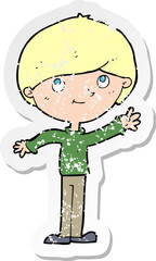 retro distressed sticker of a cartoon happy boy