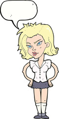 cartoon woman with hands on hips with speech bubble