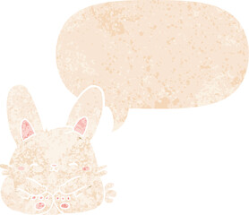 cartoon rabbit and speech bubble in retro textured style
