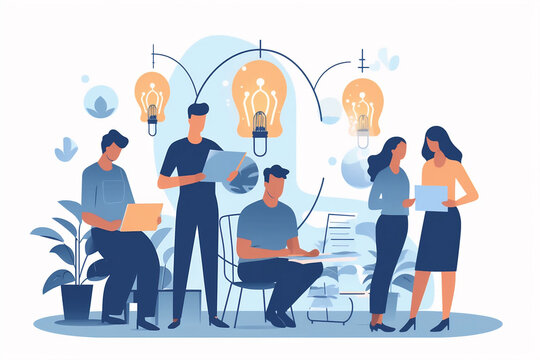 flat design illustration of group of people brainstorming the next innovative idea in content creation in a workshop setting - Generative AI