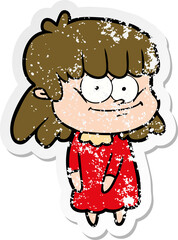 distressed sticker of a cartoon smiling woman