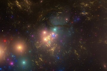 Multicolored glowing clouds of stardust in black space. Abstract fractal 3D rendering