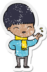 distressed sticker of a happy cartoon boy