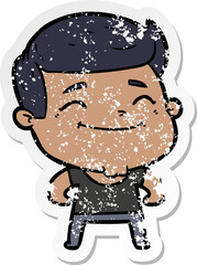 distressed sticker of a happy cartoon fashion man