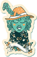 singing half orc bard with natural twenty dice roll illustration